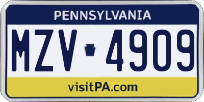 PA license plate MZV4909
