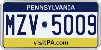 PA license plate MZV5009