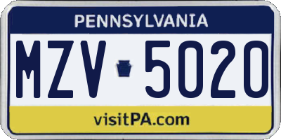 PA license plate MZV5020