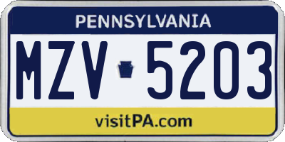 PA license plate MZV5203