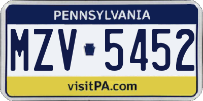 PA license plate MZV5452