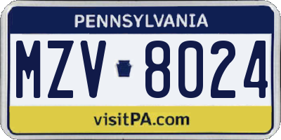 PA license plate MZV8024
