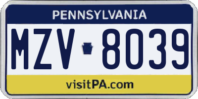 PA license plate MZV8039