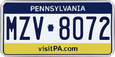 PA license plate MZV8072