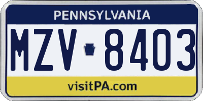 PA license plate MZV8403