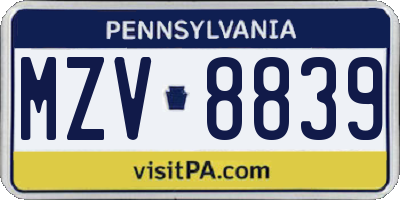 PA license plate MZV8839