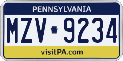 PA license plate MZV9234