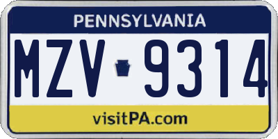 PA license plate MZV9314