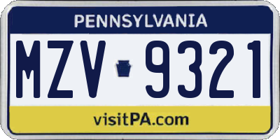 PA license plate MZV9321