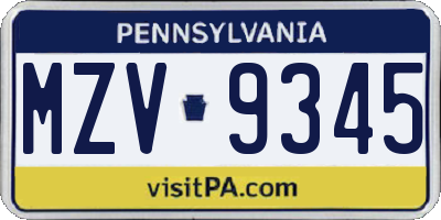 PA license plate MZV9345