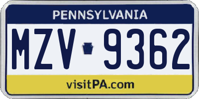 PA license plate MZV9362