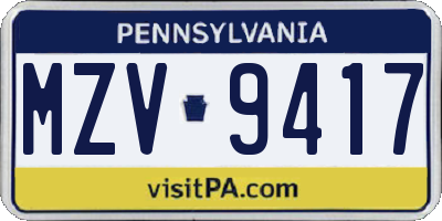 PA license plate MZV9417