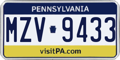 PA license plate MZV9433