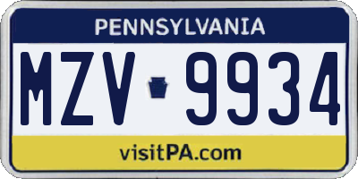 PA license plate MZV9934