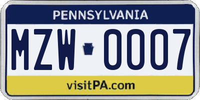 PA license plate MZW0007