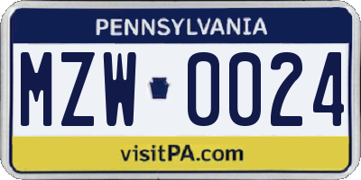 PA license plate MZW0024