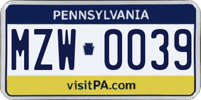PA license plate MZW0039