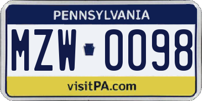 PA license plate MZW0098