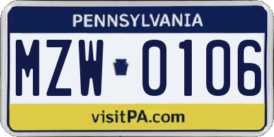PA license plate MZW0106