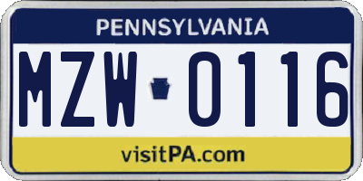 PA license plate MZW0116
