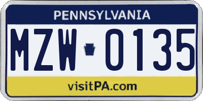 PA license plate MZW0135