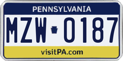PA license plate MZW0187