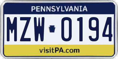 PA license plate MZW0194