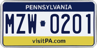 PA license plate MZW0201