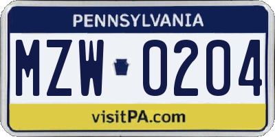 PA license plate MZW0204