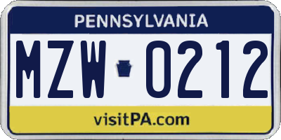 PA license plate MZW0212