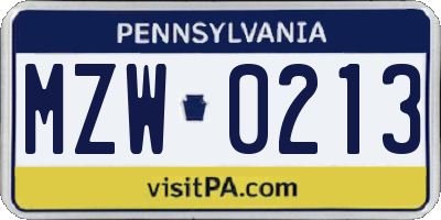 PA license plate MZW0213