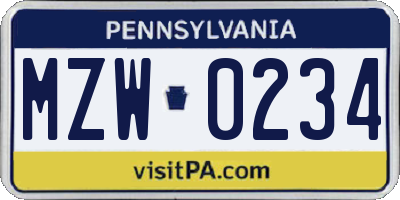 PA license plate MZW0234