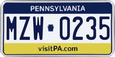PA license plate MZW0235