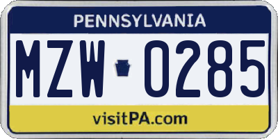 PA license plate MZW0285