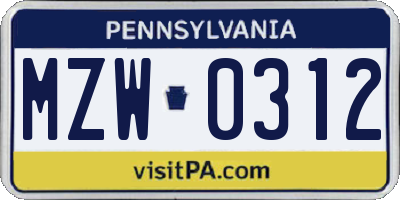 PA license plate MZW0312