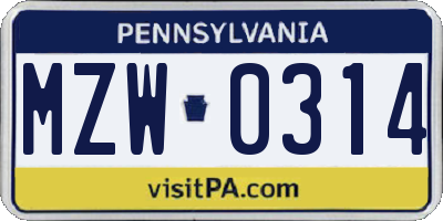 PA license plate MZW0314