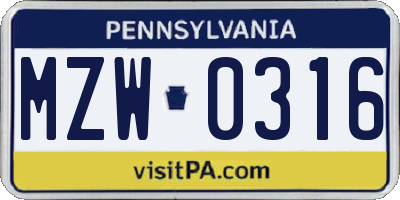 PA license plate MZW0316