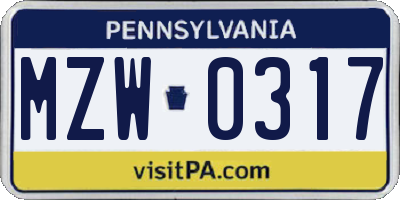 PA license plate MZW0317