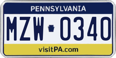 PA license plate MZW0340
