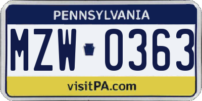 PA license plate MZW0363