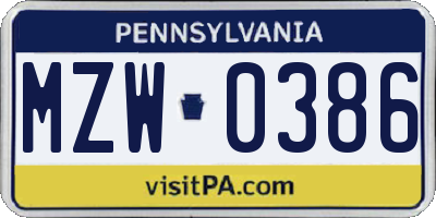 PA license plate MZW0386