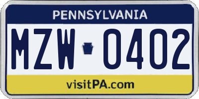 PA license plate MZW0402