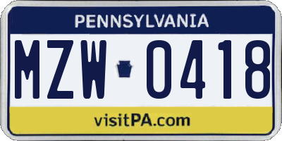 PA license plate MZW0418
