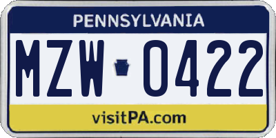 PA license plate MZW0422