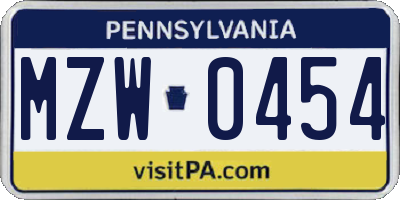PA license plate MZW0454