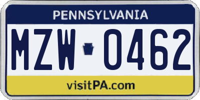 PA license plate MZW0462