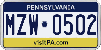 PA license plate MZW0502