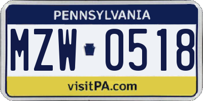 PA license plate MZW0518