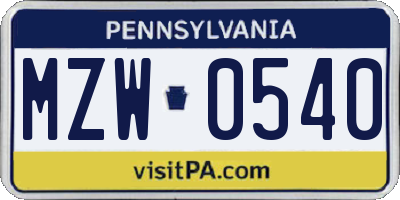 PA license plate MZW0540