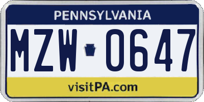 PA license plate MZW0647